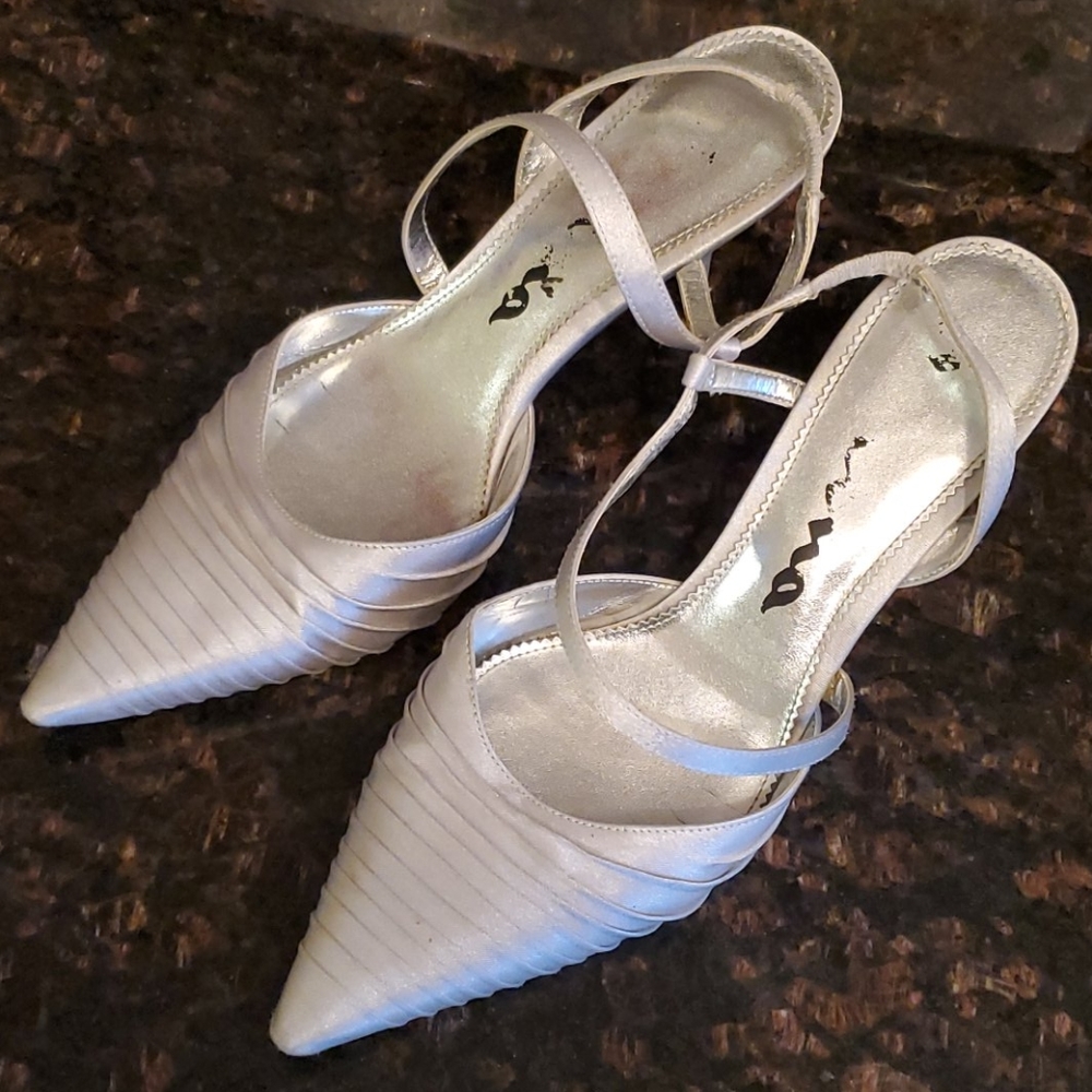 Silver satin heels